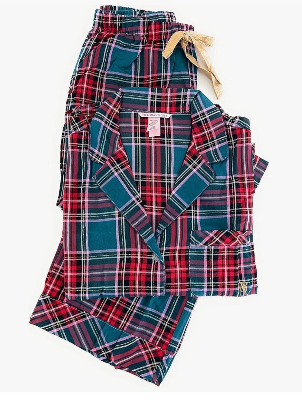 Victoria’s Secret Flannel PJ Pajama Set Green Red Plaid Holiday - NWT Sz L Long